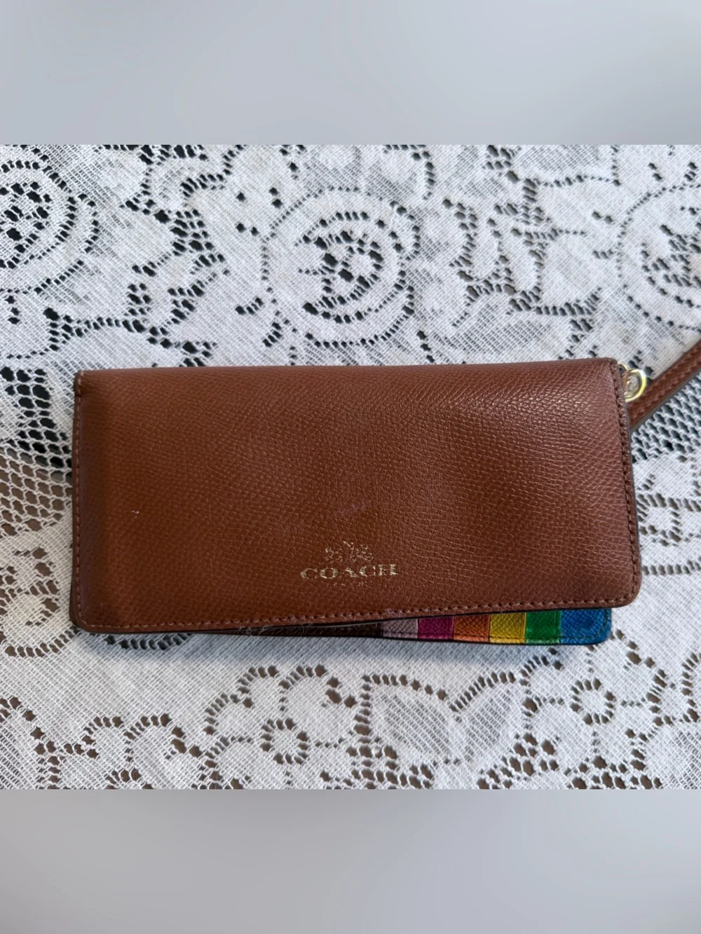 Coach Brown Leather Zip Wristlet with Rainbow Stripe Accent